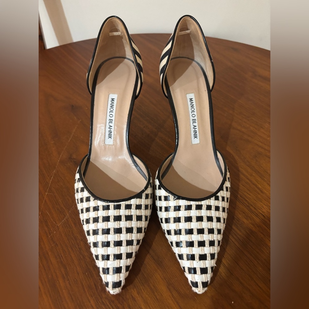 Manolo Blahnik Black and White Woven Pointed D'Orsay Pumps